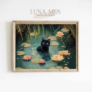 Black Cat in Water Lily Pond Wall Art | Monet Style Painting | Funny Cat Poster | Cat and Waterlilies Print | Cat Mama Gift | Printable
