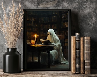 Ghost in Library Painting | Ghost Reading Book Poster | Spooky Halloween Wall Art | Candle and Books Dark Academia Print | Digital Download