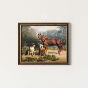 Horse and Dog Print. Vintage Horse Art. Antique Horse Painting. Chestnut Horse Wall Art. Country Farmhouse Decor