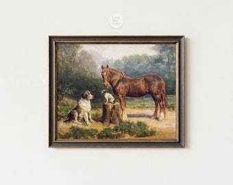 Horse and Dog Print. Vintage Horse Art. Antique Horse Painting. Chestnut Horse Wall Art. Country Farmhouse Decor