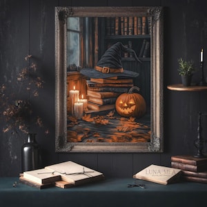 Puede incluir: Impresión artística digital enmarcada con temática de Halloween. La obra representa un sombrero de bruja sobre una pila de libros, una calabaza tallada y velas encendidas. La paleta de colores incluye tonos de naranja, marrón y negro, creando un ambiente otoñal acogedor.