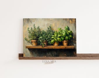 Rustic Kitchen Herbs Painting Digital Art Print | Moody Culinary Herbs Still Life | Vintage Farmhouse Cottagecore Decor | Printable Wall Art