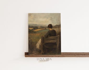 Moody Woman Portrait Painting | Neutral Vintage Landscape Art Print | Antique Rustic Cottagecore Farmhouse Wall Decor | Printable Wall Art