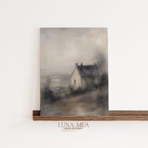 Foggy Landscape Painting | Old Cottage House Fine Art Print | Vintage Cottagecore Wall Art | Moody Farmhouse Artwork | Digital Downloadable