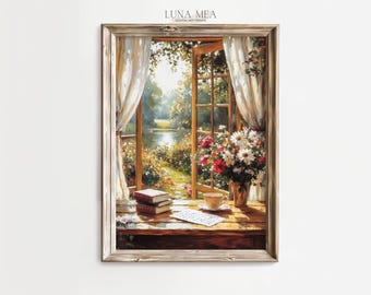 Open Window Art Print | Vintage Garden Oil Painting | Cottagecore Country Wall Decor | Floral Still Life | Summer Wallart | Digital Download