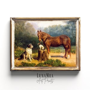 Horse and Dog Vintage Wall Print | Antique Equestrian Painting | Printable Animal Art | Rustic Farmhouse Landscape Artwork |Digital Download
