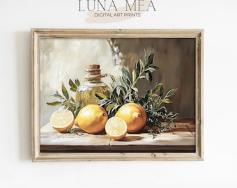 Lemon and Olive Oil Still Life Poster – Rustic Citrus Kitchen Artwork Digital Download
