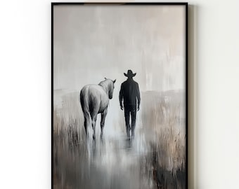 Cowboy & Horse Painting | Vintage Western Wall Art Print | Neutral Ranch Room Decor | Moody Country Art | Modern Cowboy Style | Printable