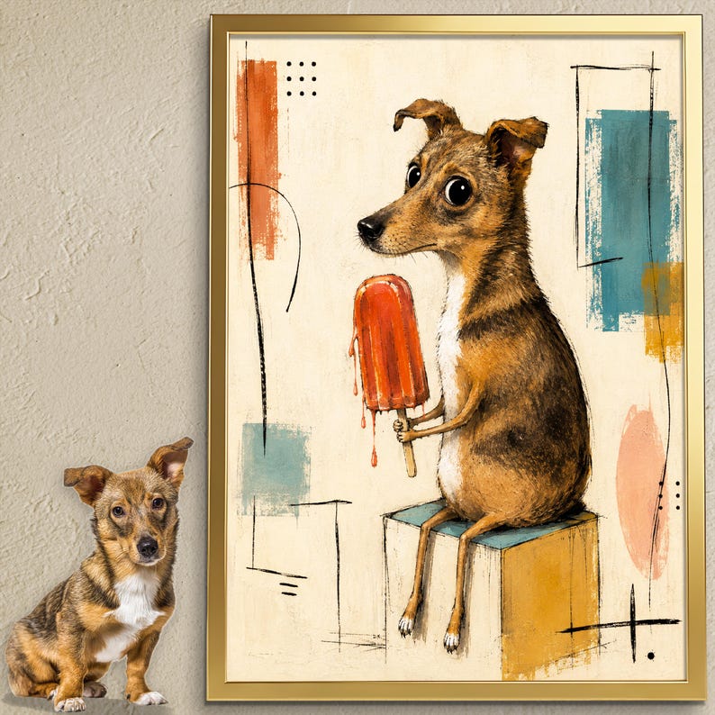 K&ouml;nnte beinhalten: Ein gerahmter Kunstdruck, der einen braun-wei&szlig;en Hund zeigt, der auf einem gelben W&uuml;rfel sitzt und ein schmelzendes rotes Eis am Stiel h&auml;lt. Die Illustration enth&auml;lt abstrakte geometrische Formen und Pinselstriche in Orange, Blaugr&uuml;n und Pfirsich auf cremefarbenem Hintergrund.