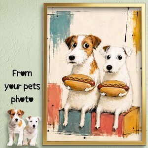 K&ouml;nnte beinhalten: Ein gerahmter Kunstdruck mit einem Gem&auml;lde von zwei Jack Russell Terriern, die auf bunten Bl&ouml;cken sitzen und jeweils einen Hotdog halten. Der Text "From your pets photo" steht links, erg&auml;nzt durch zwei kleine Hundefotos.