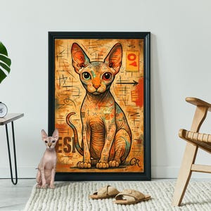 Puede incluir: Una impresi&oacute;n art&iacute;stica enmarcada de un gato Sphynx con un dise&ntilde;o de tatuaje colorido. La obra de arte presenta una ilustraci&oacute;n detallada del gato con orejas grandes y ojos expresivos. El fondo tiene una apariencia texturizada y envejecida.