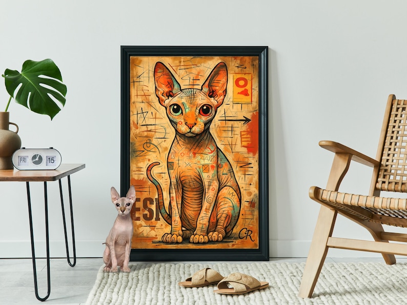 Puede incluir: Una impresi&oacute;n art&iacute;stica enmarcada de un gato Sphynx con un dise&ntilde;o de tatuaje colorido. La obra de arte presenta una ilustraci&oacute;n detallada del gato con orejas grandes y ojos expresivos. El fondo tiene una apariencia texturizada y envejecida.