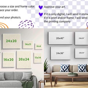 Puede incluir: Imagen que muestra varios tama&ntilde;os de impresi&oacute;n en lienzo, incluyendo 50x40 cm, 60x50 cm y 100x50 cm. Las instrucciones de texto gu&iacute;an el pedido: elige el tama&ntilde;o, aprueba la obra de arte y env&iacute;a fotos. La imagen promociona servicios de impresi&oacute;n de arte personalizados.