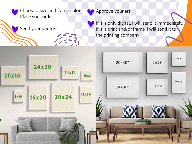 Puede incluir: Imagen que muestra varios tama&ntilde;os de impresi&oacute;n en lienzo, incluyendo 50x40 cm, 60x50 cm y 100x50 cm. Las instrucciones de texto gu&iacute;an el pedido: elige el tama&ntilde;o, aprueba la obra de arte y env&iacute;a fotos. La imagen promociona servicios de impresi&oacute;n de arte personalizados.