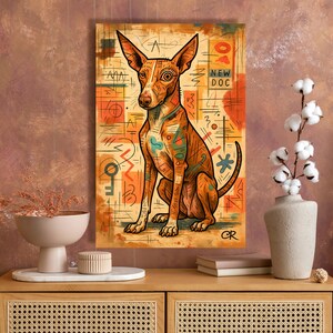 Puede incluir: Un retrato colorido de un perro con un dise&ntilde;o &uacute;nico. La obra presenta un perro marr&oacute;n con patrones intrincados y el texto "NEW DOC". El fondo tiene formas geom&eacute;tricas y tonos c&aacute;lidos.