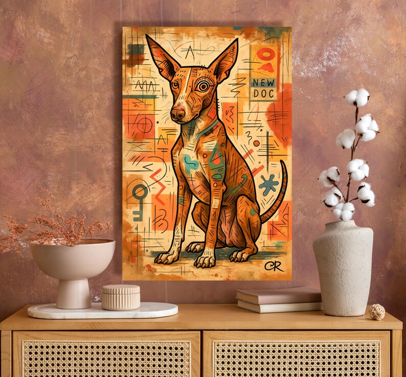 Puede incluir: Un retrato colorido de un perro con un dise&ntilde;o &uacute;nico. La obra presenta un perro marr&oacute;n con patrones intrincados y el texto "NEW DOC". El fondo tiene formas geom&eacute;tricas y tonos c&aacute;lidos.