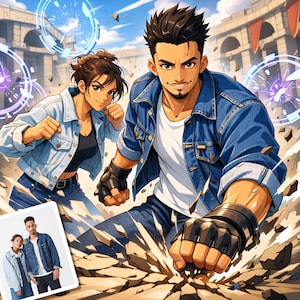 May include: Anime-style illustration of a man and woman in denim jackets and jeans, posed in a fighting stance. The man wears a white t-shirt and black gloves. The background features a Roman-style structure and energy effects.