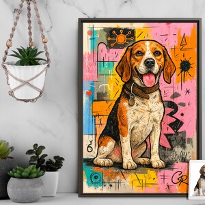 Puede incluir: Una impresi&oacute;n art&iacute;stica enmarcada que presenta una ilustraci&oacute;n estilizada de un perro beagle. El perro es marr&oacute;n, negro y blanco, con un collar. El fondo es una vibrante mezcla de rosa, naranja, amarillo y azul con formas abstractas.