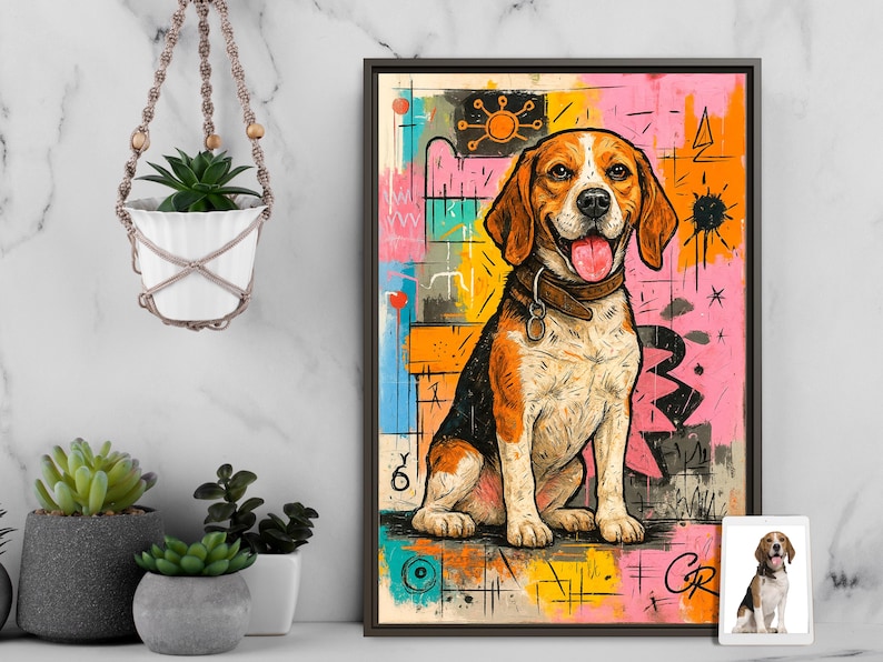 Puede incluir: Una impresi&oacute;n art&iacute;stica enmarcada que presenta una ilustraci&oacute;n estilizada de un perro beagle. El perro es marr&oacute;n, negro y blanco, con un collar. El fondo es una vibrante mezcla de rosa, naranja, amarillo y azul con formas abstractas.