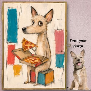 K&ouml;nnte beinhalten: Eine gerahmte Illustration eines beigen Hundes, der auf einem bunten Block sitzt und ein St&uuml;ck Peperoni-Pizza &uuml;ber einem offenen Pizzakarton h&auml;lt. Der Hintergrund zeigt abstrakte blaue, rote und gelbe Rechtecke mit schwarzen Skizzen. Text: From your photo.