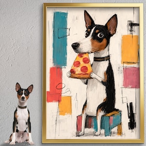 K&ouml;nnte beinhalten: Ein gerahmter Wandkunstdruck mit einer stilisierten Illustration eines schwarz-wei&szlig;-braunen Hundes, der auf einem kleinen Hocker sitzt und ein St&uuml;ck Pepperoni-Pizza im Maul h&auml;lt. Der Hintergrund besteht aus abstrakten geometrischen Formen.