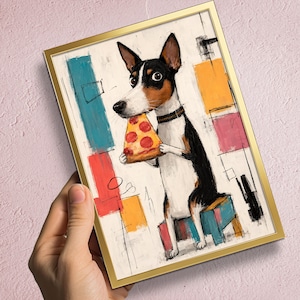 K&ouml;nnte beinhalten: Ein gerahmter Kunstdruck mit einer stilisierten Illustration eines schwarz-wei&szlig;-braunen Hundes, der auf einem kleinen blauen Hocker sitzt und ein St&uuml;ck Peperoni-Pizza im Maul h&auml;lt. Der Hintergrund besteht aus abstrakten geometrischen Formen.