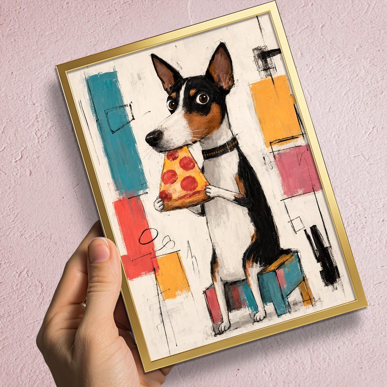 K&ouml;nnte beinhalten: Ein gerahmter Kunstdruck mit einer stilisierten Illustration eines schwarz-wei&szlig;-braunen Hundes, der auf einem kleinen blauen Hocker sitzt und ein St&uuml;ck Peperoni-Pizza im Maul h&auml;lt. Der Hintergrund besteht aus abstrakten geometrischen Formen.