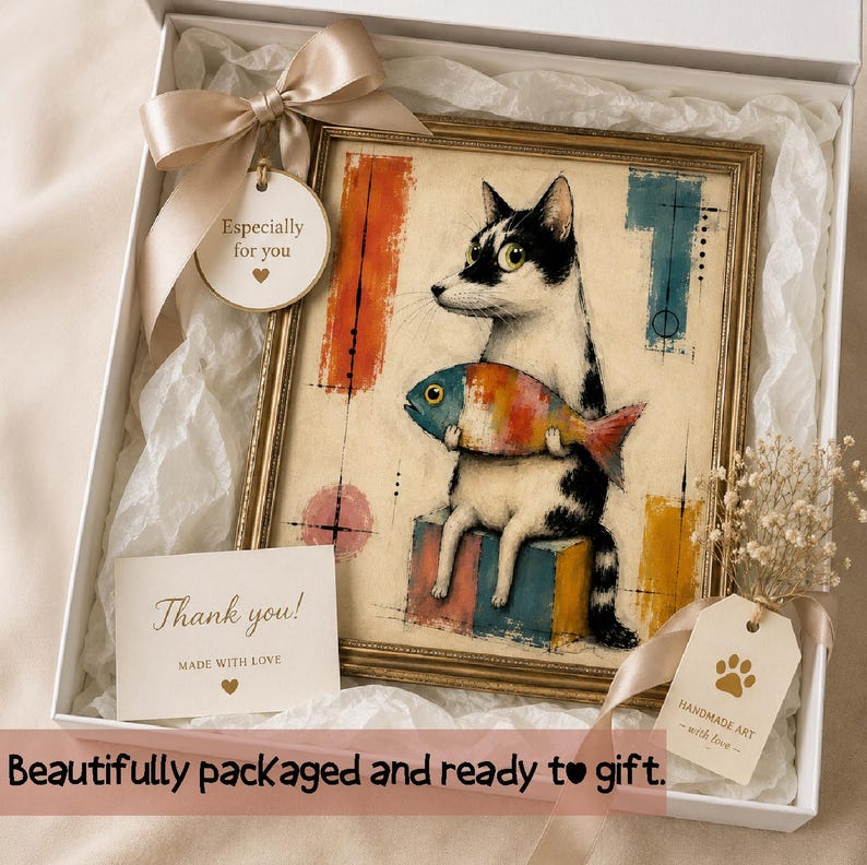 K&ouml;nnte beinhalten: Ein gerahmtes Bild einer schwarz-wei&szlig;en Katze, die einen bunten Fisch h&auml;lt und auf einem Block sitzt. Die Geschenkbox enth&auml;lt ein beiges Band, ein rundes Etikett mit der Aufschrift Especially for you, eine Thank you-Karte und ein Pfoten-Etikett.