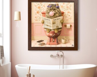 Custom Pet Portrait Toilet Art Pet in Bathtub Funny Dog Bathroom Poster Pet Gift Wall Art Gift Pet on Toilet with Newspaper
