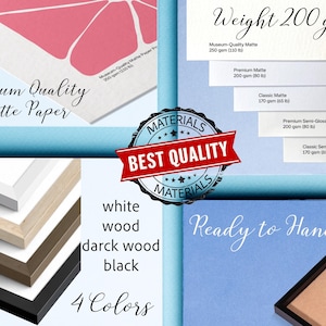 Puede incluir: Imagen que muestra varios tipos de papel y colores de marco. El texto destaca "Museum Quality Matte Paper" y "Weight 200 gsm". Las opciones de marco incluyen blanco, madera, madera oscura y negro. La imagen tambi&eacute;n dice "Ready to Hand".