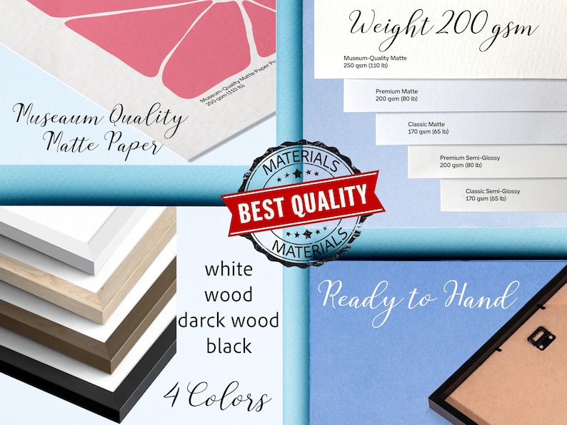 Puede incluir: Imagen que muestra varios tipos de papel y colores de marco. El texto destaca "Museum Quality Matte Paper" y "Weight 200 gsm". Las opciones de marco incluyen blanco, madera, madera oscura y negro. La imagen tambi&eacute;n dice "Ready to Hand".