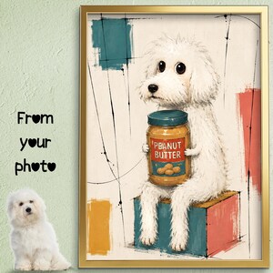 K&ouml;nnte beinhalten: Ein gerahmter Kunstdruck mit einem flauschigen wei&szlig;en Hund, der auf einem bunten Block sitzt und ein Glas mit der Aufschrift PEANUT BUTTER h&auml;lt. Die Illustration enth&auml;lt abstrakte rechteckige Formen in Petrol, Gelb und Koralle.