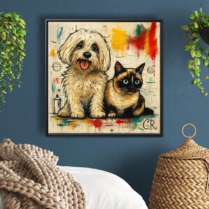 Puede incluir: Una impresi&oacute;n art&iacute;stica enmarcada que presenta un perro y un gato. El perro es una raza esponjosa de color claro con la lengua afuera. El gato es de raza siamesa con ojos azules. El fondo tiene salpicaduras de pintura coloridas y marcas de estilo graffiti.