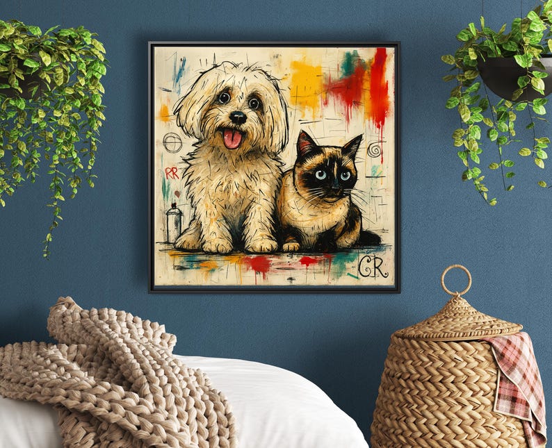Puede incluir: Una impresi&oacute;n art&iacute;stica enmarcada que presenta un perro y un gato. El perro es una raza esponjosa de color claro con la lengua afuera. El gato es de raza siamesa con ojos azules. El fondo tiene salpicaduras de pintura coloridas y marcas de estilo graffiti.