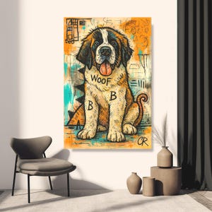 Puede incluir: Una pintura colorida de un perro San Bernardo con la palabra "WOOF" y la letra "B" en su cuerpo. El perro es de color canela, marr&oacute;n y blanco, con una lengua rosa. El fondo es naranja, turquesa y blanco con marcas de estilo graffiti.