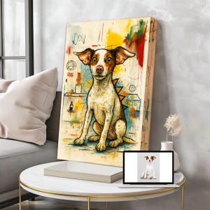Puede incluir: Un retrato colorido de un perro sobre un lienzo de madera. La obra presenta un perro sentado con pelaje marr&oacute;n y blanco, sobre un fondo de formas y colores abstractos. El lienzo se exhibe sobre una mesa blanca.