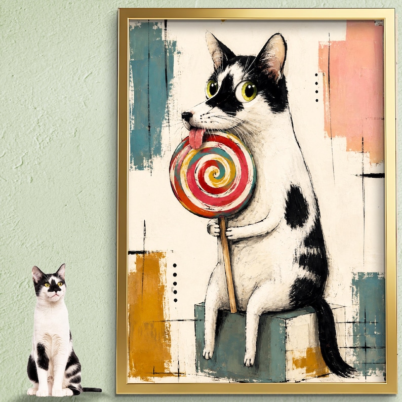 K&ouml;nnte beinhalten: Ein gerahmter Wandkunstdruck, der eine schwarz-wei&szlig;e Katze zeigt, die auf einem Block sitzt und einen gro&szlig;en, bunten, mehrfarbig gestreiften Spirallutscher h&auml;lt. Die Katze streckt die Zunge heraus und der Hintergrund besteht aus abstrakten blauen, rosa und gelben Bl&ouml;cken.