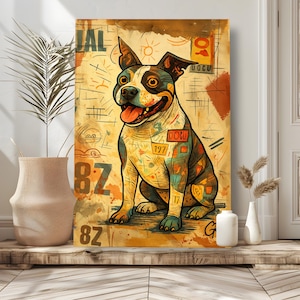 Puede incluir: Impresi&oacute;n en lienzo colorida de un perro sonriente. El perro es una mezcla de blanco, negro y marr&oacute;n, con un dise&ntilde;o estampado en su cuerpo. El fondo es un dise&ntilde;o de estilo vintage con n&uacute;meros y texto.
