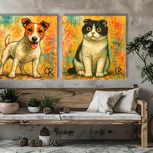 Puede incluir: Dos pinturas enmarcadas de animales. Una representa un Jack Russell Terrier con pelaje blanco y marr&oacute;n, con la lengua fuera. La otra muestra un gato blanco y negro. Ambas tienen un fondo colorido y texturizado.
