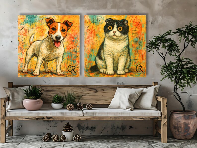 Puede incluir: Dos pinturas enmarcadas de animales. Una representa un Jack Russell Terrier con pelaje blanco y marr&oacute;n, con la lengua fuera. La otra muestra un gato blanco y negro. Ambas tienen un fondo colorido y texturizado.