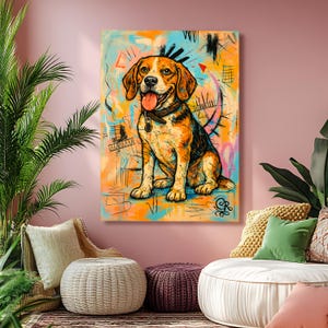 Puede incluir: Una colorida impresi&oacute;n en lienzo de un perro beagle con una expresi&oacute;n feliz. El perro est&aacute; representado en tonos de marr&oacute;n, naranja y negro, sobre un fondo vibrante de arte abstracto naranja, azul y rosa. El perro lleva un collar.