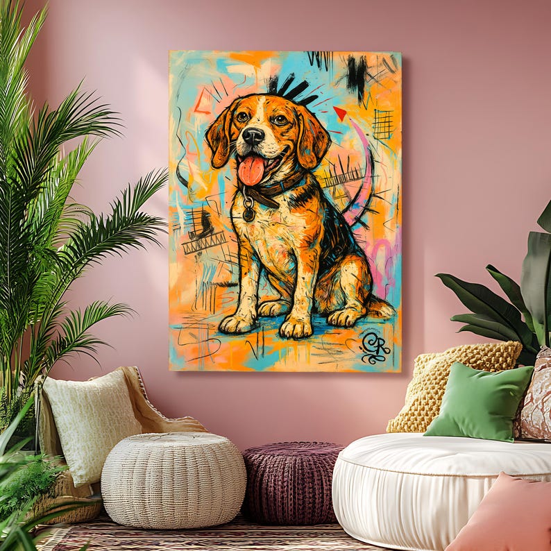Puede incluir: Una colorida impresi&oacute;n en lienzo de un perro beagle con una expresi&oacute;n feliz. El perro est&aacute; representado en tonos de marr&oacute;n, naranja y negro, sobre un fondo vibrante de arte abstracto naranja, azul y rosa. El perro lleva un collar.
