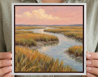 Pink Sky Salt Marsh Oil Painting, Hand Painted 20x20cm Square Landscape Art, Slim White Frame, Coastal Wetland Wall Decor, Nature Lover Gift