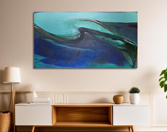 Original Abstract Oil Painting - Spit | Fine Art Oil Canvas | 48 x 24 inches | Water-Inspired Artwork in Blue Tones | Artist: Frieda Howling