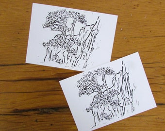 Lino Print Postcard of a Chinese White Pine on a Mountain's Edge Chinese Woodblock Art Print