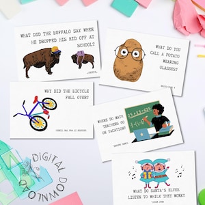 May include: Five white cards with illustrations and text, featuring jokes and puns. The cards depict a buffalo, a potato with glasses, a bicycle, a teacher, and two elves. The text includes questions and answers. The words "DIGITAL DOWNLOAD" are also visible.