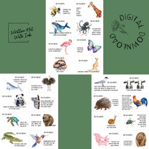 May include: A set of 20 colorful cards with animal illustrations and fun facts about them. Each card has a question "Do you know..." and an answer about the animal. The cards are perfect for learning about animals and playing games.