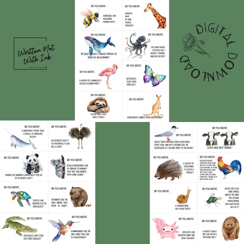 May include: A set of 20 colorful cards with animal illustrations and fun facts about them. Each card has a question "Do you know..." and an answer about the animal. The cards are perfect for learning about animals and playing games.