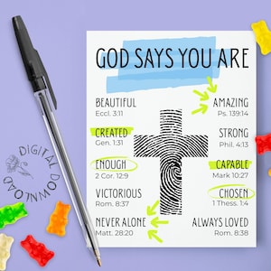 Könnte beinhalten: Eine weiße Karte mit einem schwarzen Fingerabdruck in Form eines Kreuzes. Die Karte trägt den Text "Gott sagt, du bist" in blau und grün. Der Text ist umgeben von Sätzen wie "Schön", "Erstaunlich", "Geschöpft", "Stark", "Genügend", "Fähig", "Siegreich", "Auserwählt", "Niemals allein" und "Immer geliebt" mit entsprechenden Bibelversen.