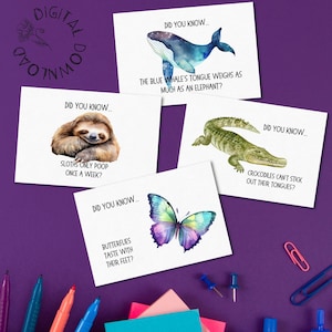 24 curiosidades divertidas sobre animais | Anotações para lancheira | Fatos estranhos sobre animais | Cartões de anotações para crianças e adolescentes | Download digital